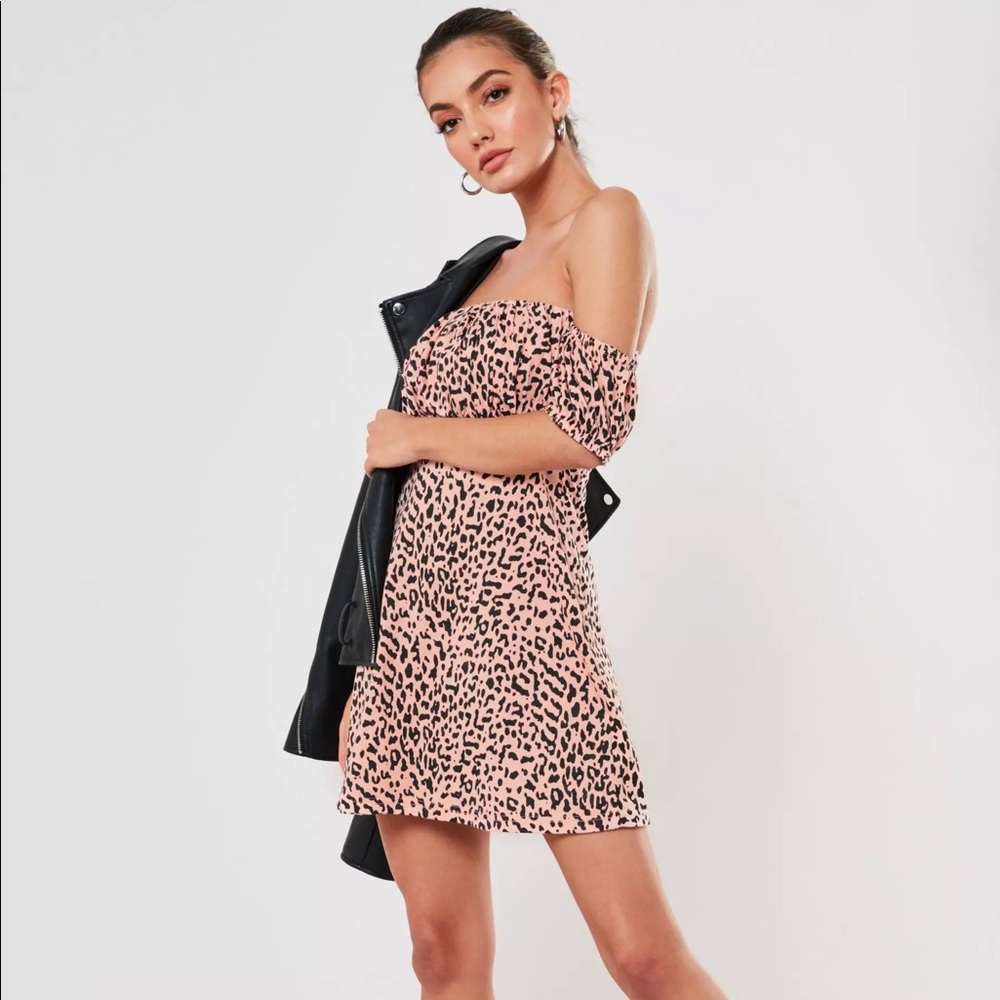 MISSGUIDED leopard Bardot puff sleeve skater dress